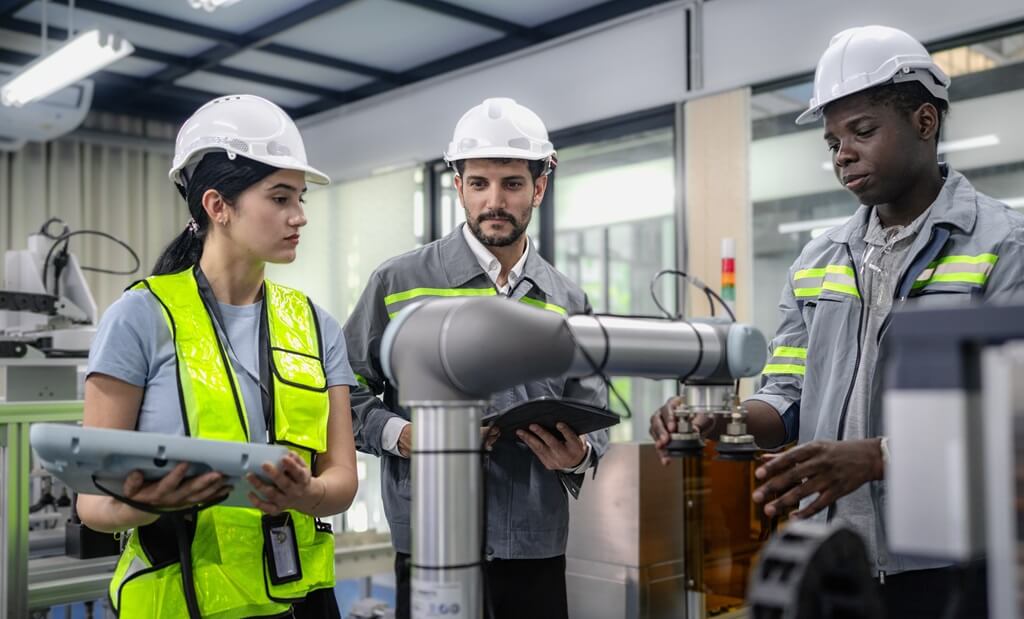 moça e dois homens analisando braço robótico