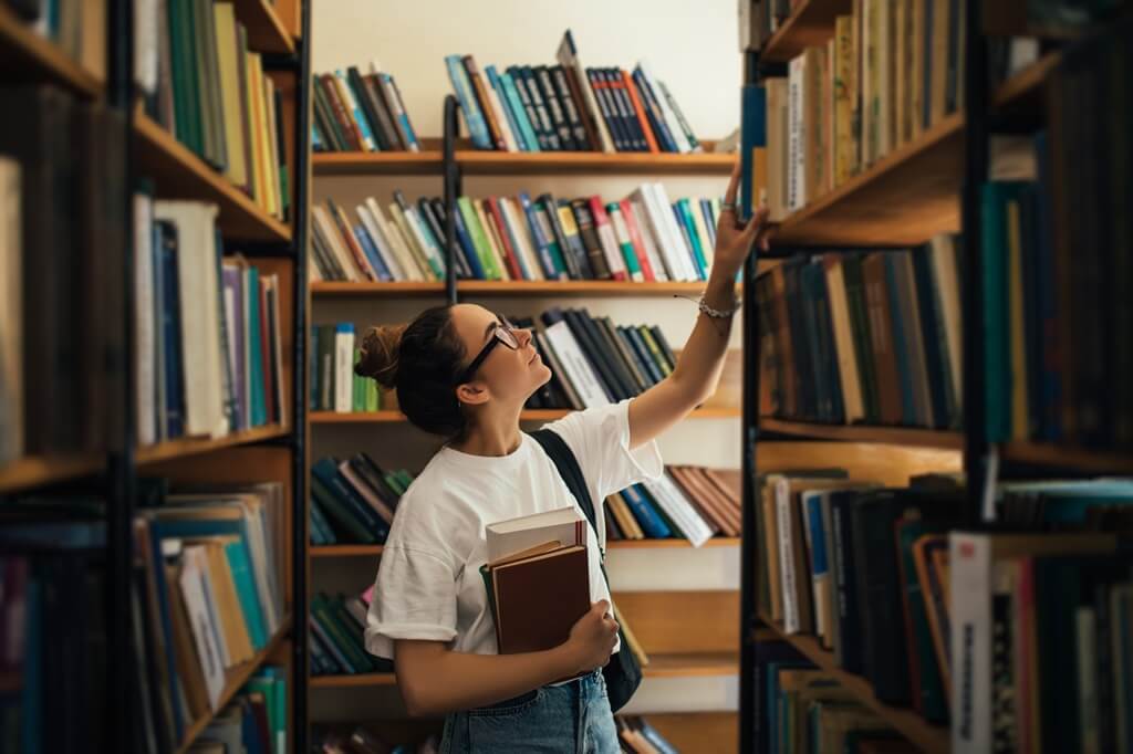 moça pegando livros de estante