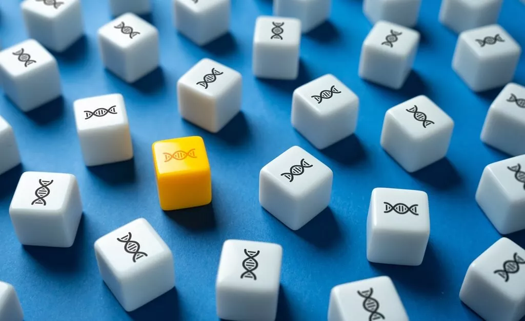 blocos brancos e um amarelo com símbolo de dna