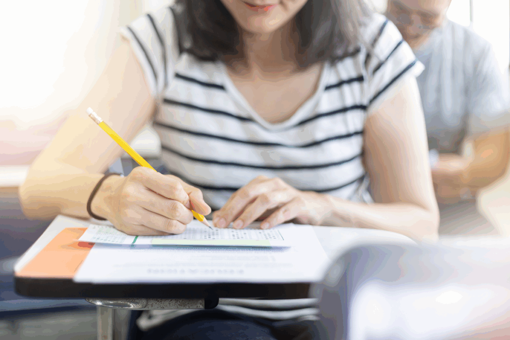 Jovens fazendo prova no local de prova enem.