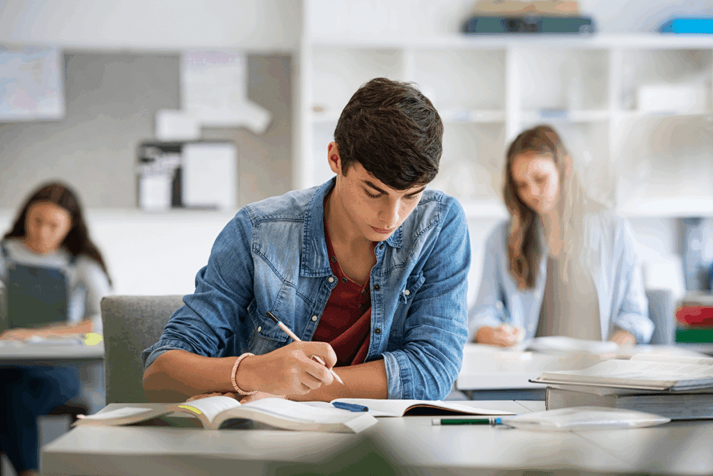 Jovens estudando que mais cai em ciencias humanas no enem em sala de aula. O que mais cai em ciencias humanas no enem.