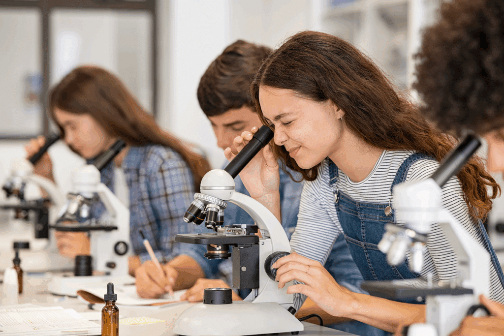 Jovens em laboratório de biologia. O que mais cai em ciências da natureza no enem.