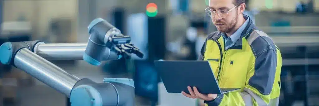 homem mexendo em computador ao lado de robô