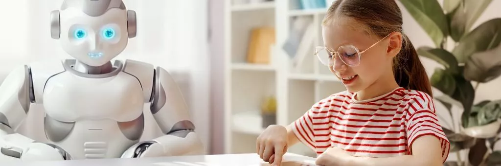 robô e menina em sala